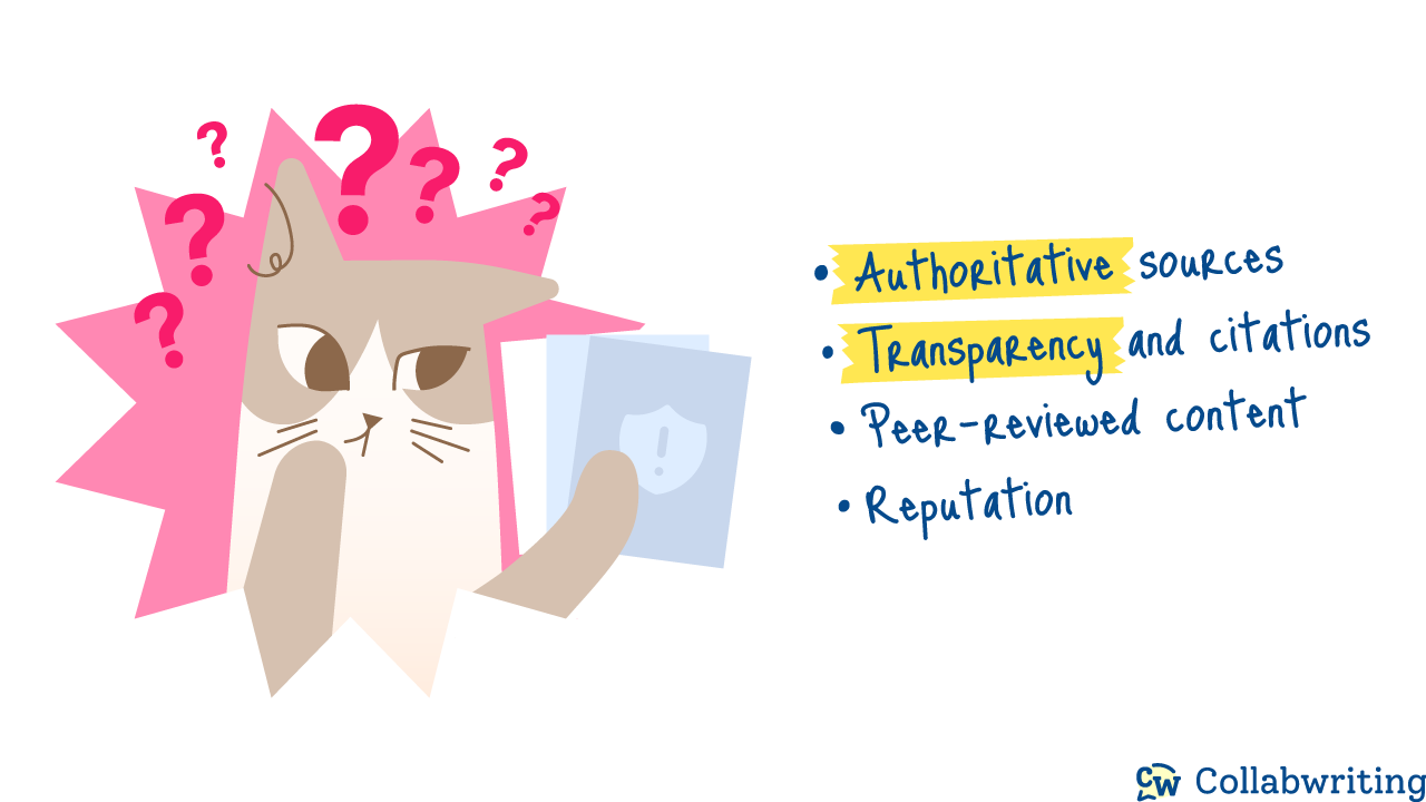 Authoritative sources, Transparency and citations, Peer-reviews content, Reputation
