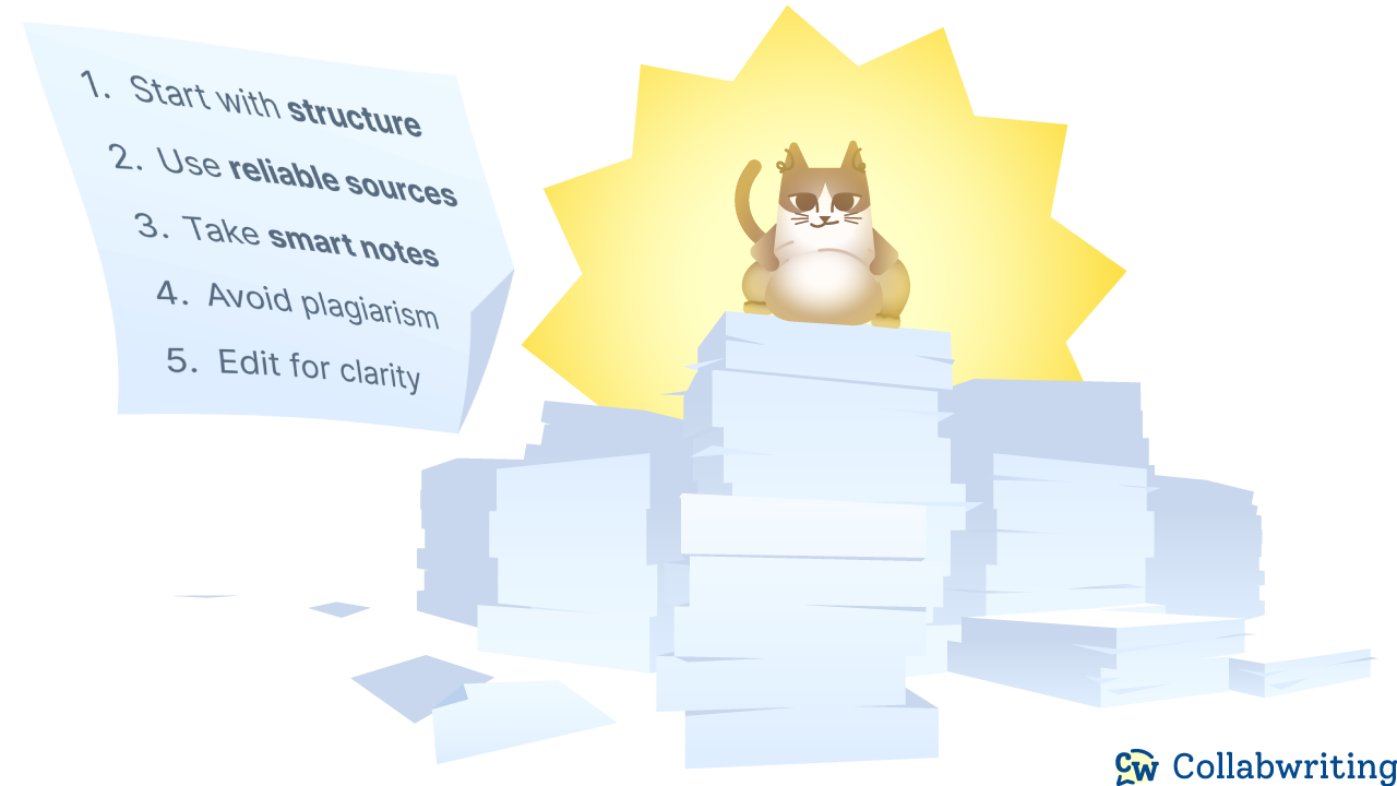 1. Start with structure 2. Use reliable sources 3. Take smart notes 4. Avoid plagiarism 5. Edit for clarity