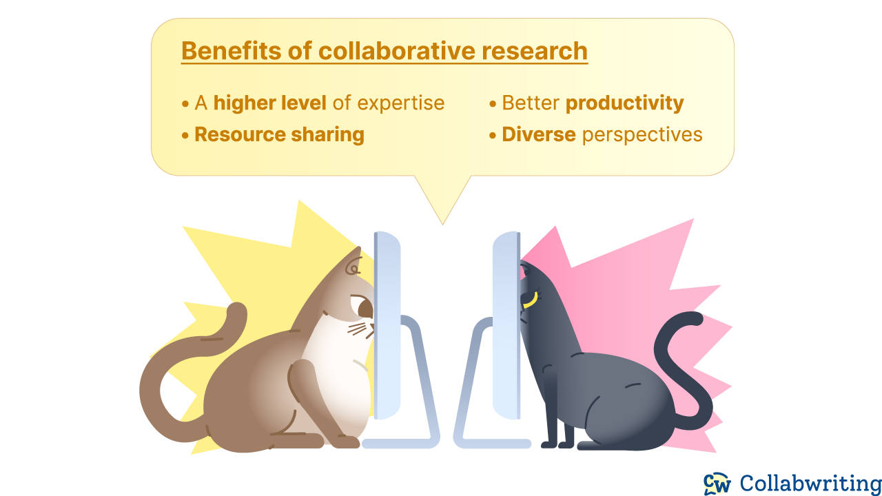 Benefits of collaborative research: A higher level of expertise, Resource sharing, Better productivity, Diverse perspectives&nbsp;