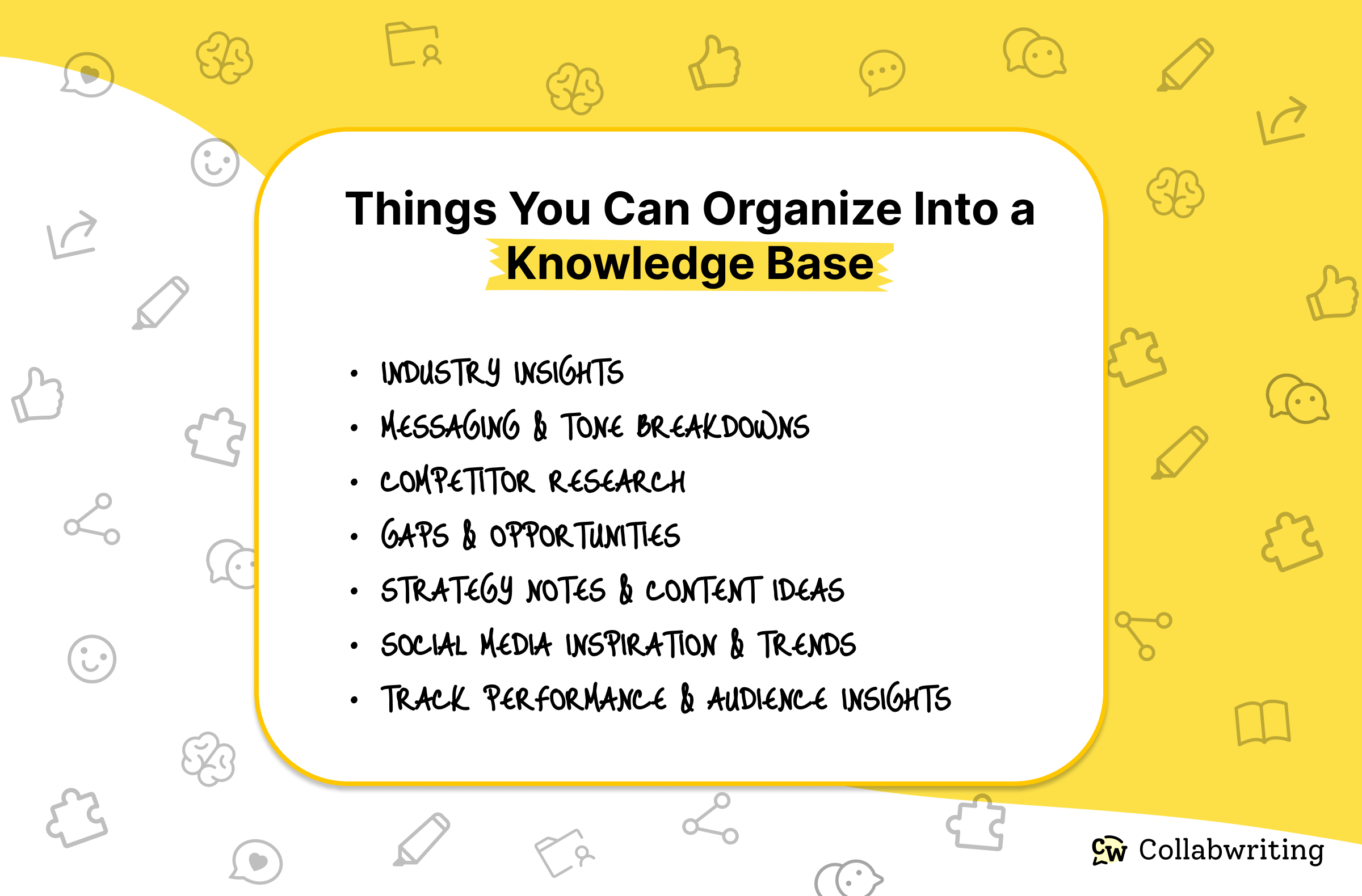 Industry Insights, Messaging & Tone Breakdowns, Competitor Research, Gaps & Opportunities, Strategy Notes & Content Ideas, Social Media Inspiration & Trends, Track Performance & Audience Insights