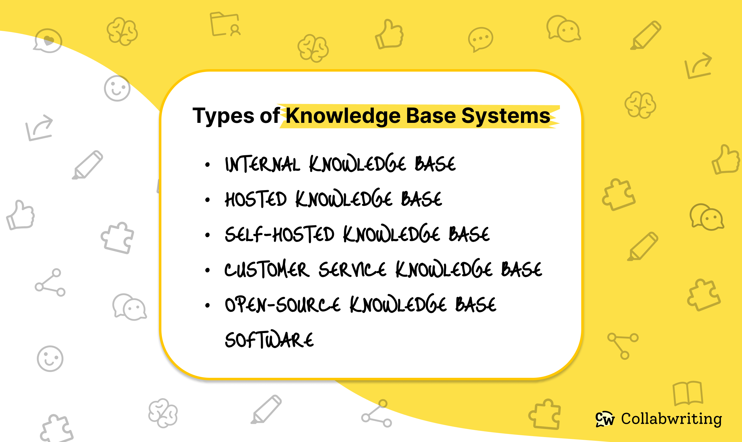 Types of Knowledge Base Systems: Internal knowledge base, Hosted knowledge base, Self-hosted knowledge base, Customer service knowledge base, Open-source knowledge base software