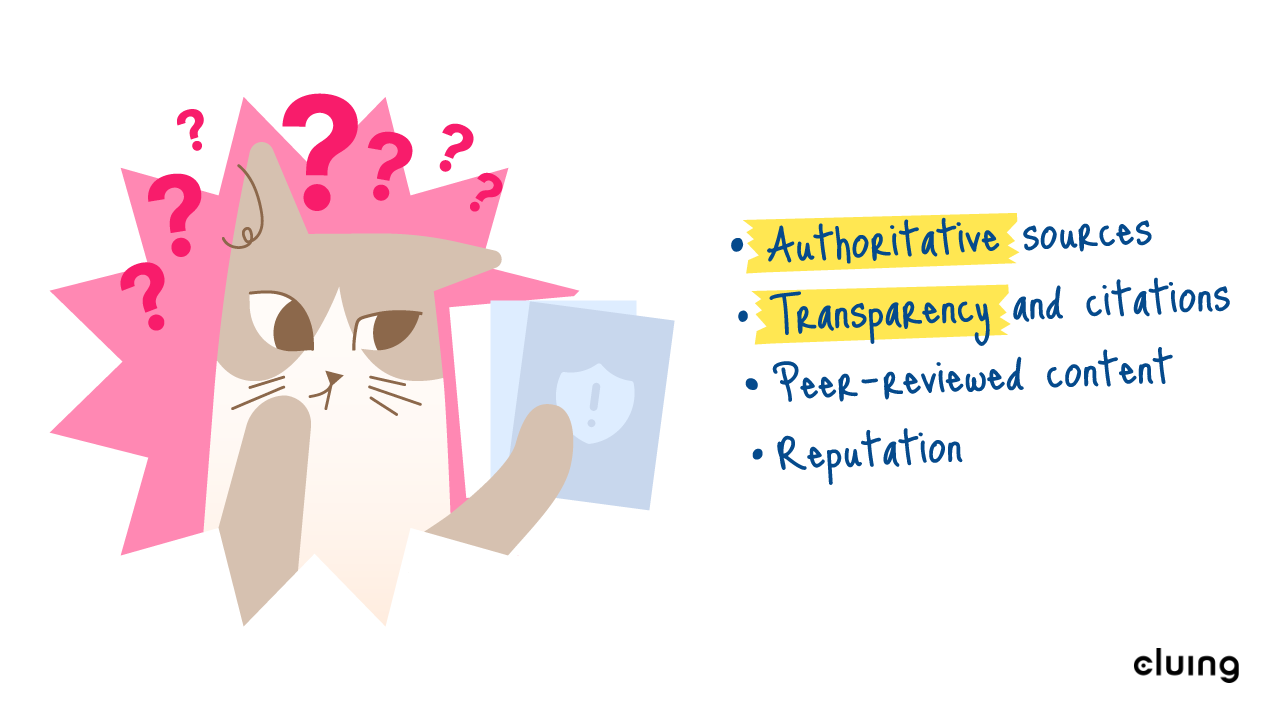 Authoritative sources, Transparency and citations, Peer-reviews content, Reputation